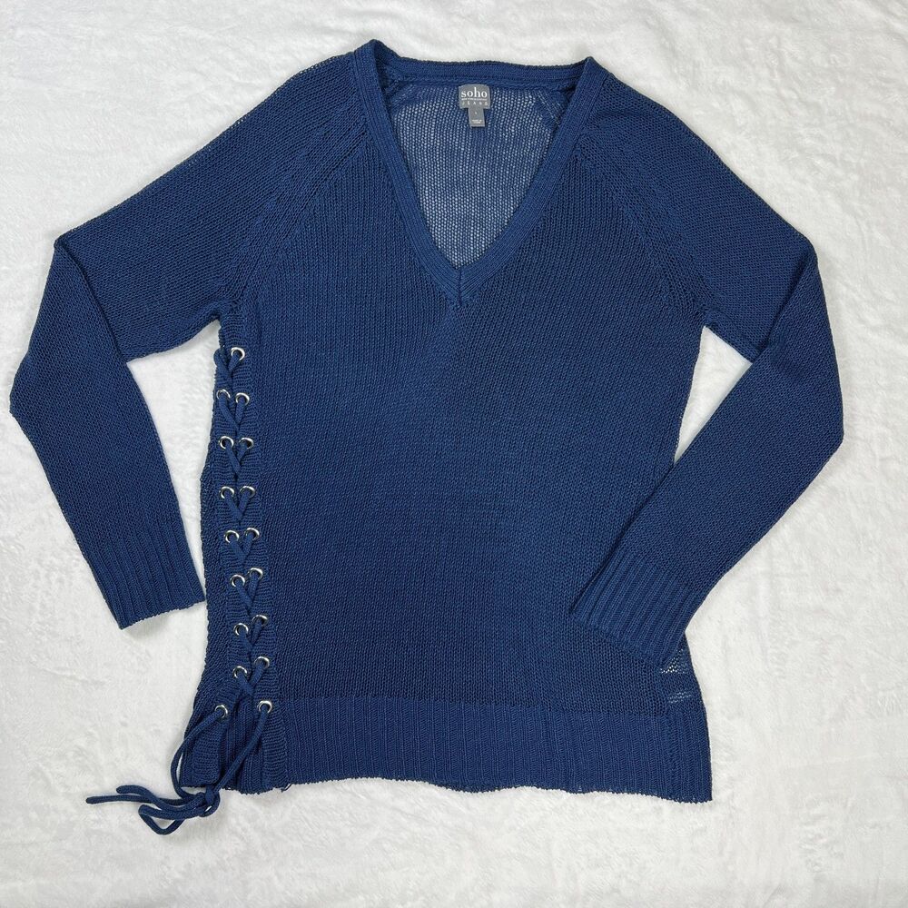 Lace-up Side Tie V Neck Sweater Blue Womens Large Soho Jeans New York & Company